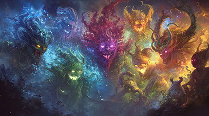 Emotional Beings: Fantasy Art, Colorful Demons, Abstract Painting, Surrealism, Dark Fantasy