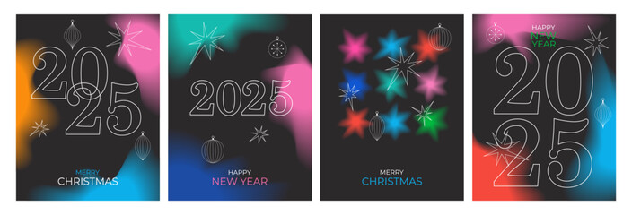 Merry Christmas and New Year posters set with stars, 2025 numbers. Vector illustration. Winter holiday invite, social media. Minimal flyer, brochure voucher template.