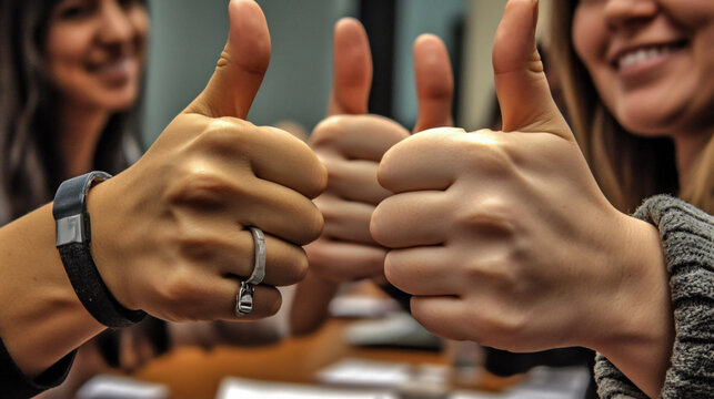 three people giving a thumbs-up gesture.  The focus is on the hands, with the faces blurred in the background. One person is wearing a black wristband and a ring. The overall impression is one of posi