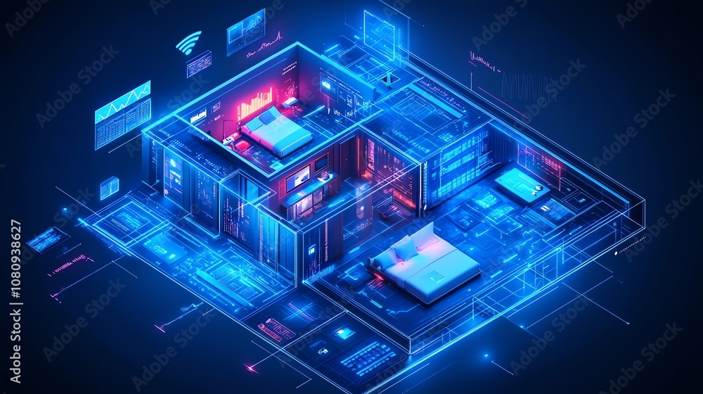 Poster isometric illustration of a smart home with glowing blue and red lines, representing the internet of