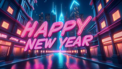 Happy New Year Neon Celebration with Buildings and Street
