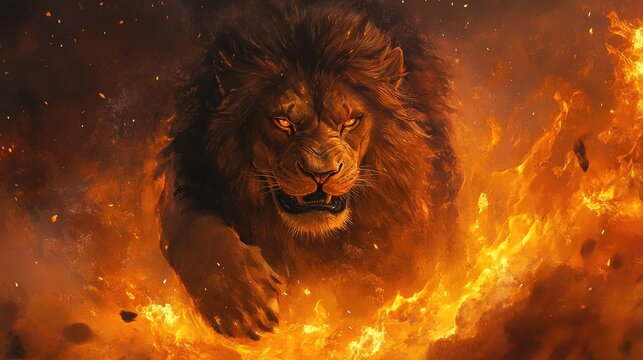 Majestic lion symbolizing power and belief surrounded by flames heralding a triumphant and glorious return