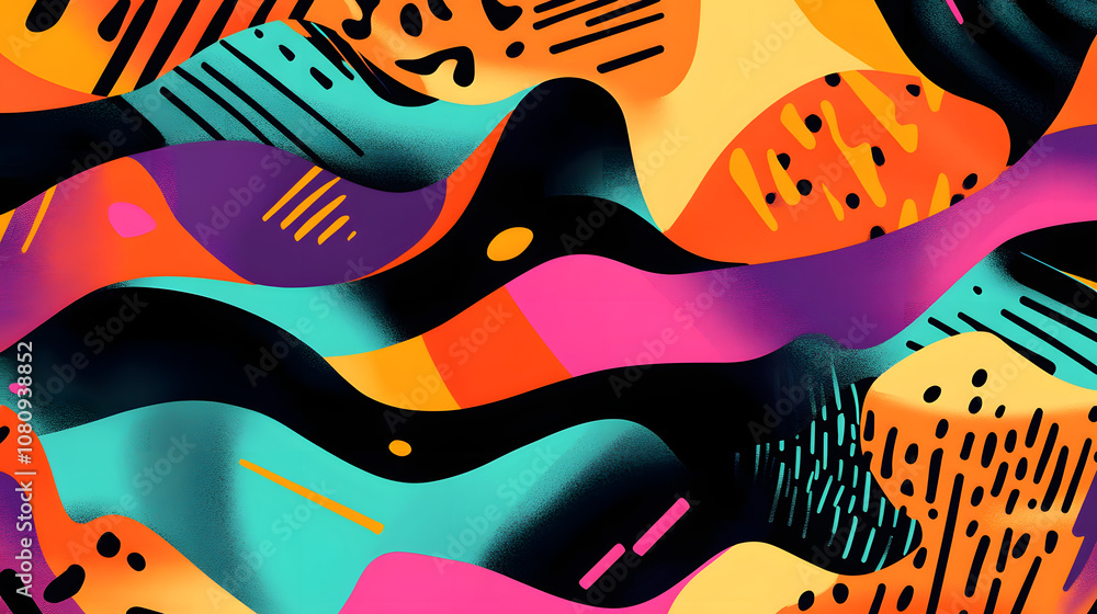 Wall mural colorful 80s or 90s retro pattern, shapes and design for print, textile or background