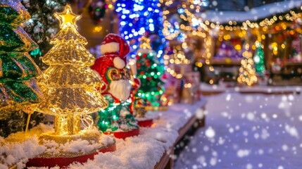 Fototapeta premium Festive Christmas trees adorned with twinkling lights.