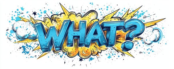 Dynamic comic book style lettering of the word 'what' with explosion effect