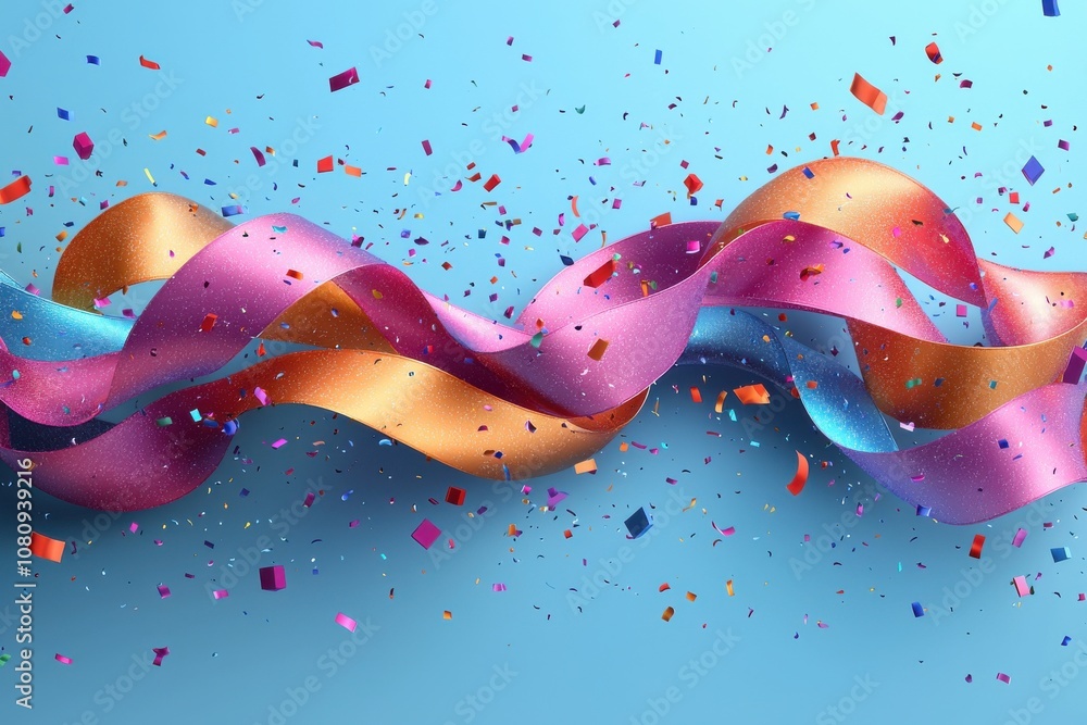 Poster dynamic waves of colorful ribbons with floating shapes