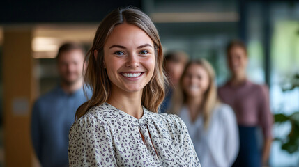 Teamwork and leadership in a modern office: a portrait of a businesswoman smiling with her team