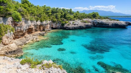 Obraz premium Pristine blue waters lap against a rugged cliff under a clear sky.