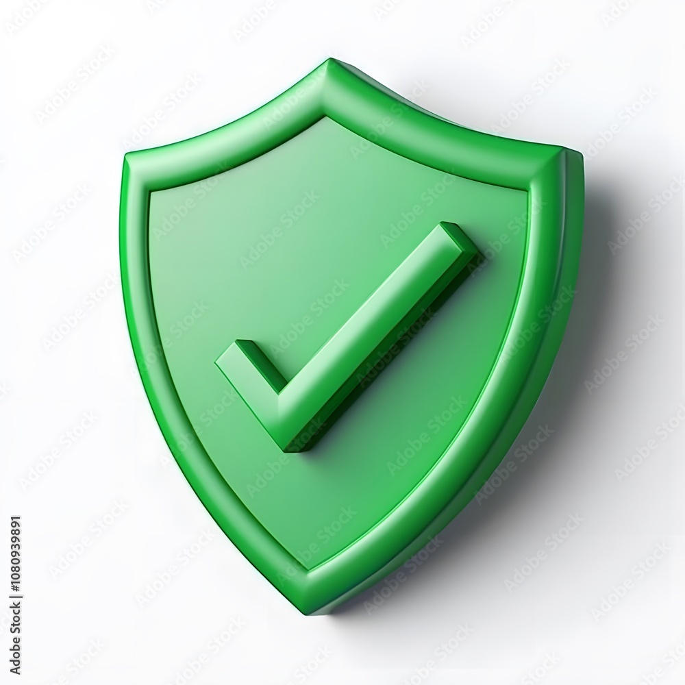Poster green 3d shield protection icon with check for online payment on white background concept, user acco