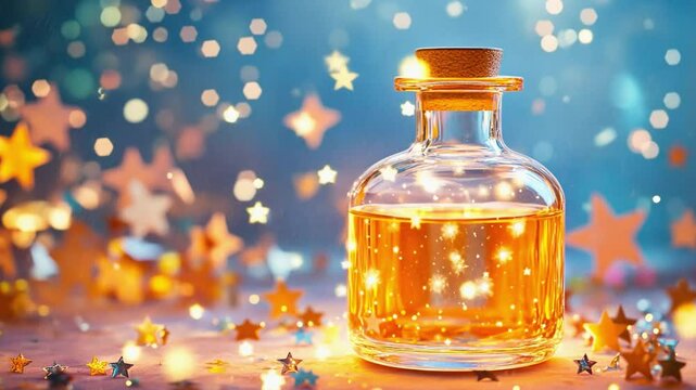 Magic potion glowing in glass bottle with sparkling stars background