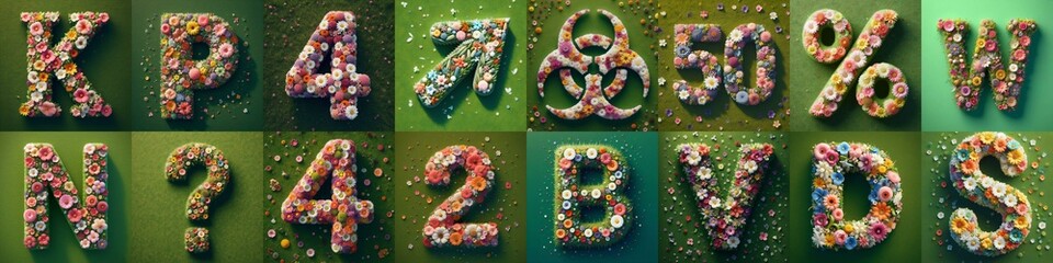 Flowers on the green grass background Lettering Typeface. AI generated illustration
