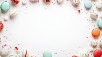Macarons and Confetti Frame with White Background