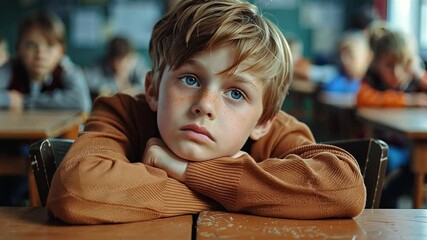 In a classroom setting, a young boy with striking blue eyes leans on his hands, appearing lost in thought as he sits at a desk, surrounded by classmates engaged in their studies.