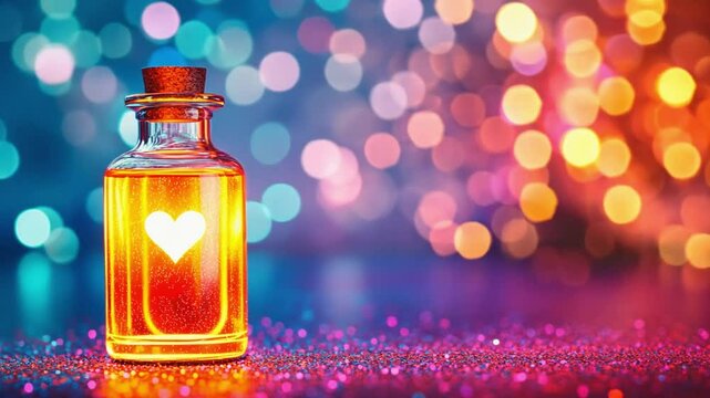 Love potion in a glass bottle with glowing heart on a sparkling background