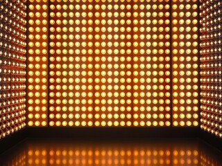 A wall of LED lights creates a dynamic and immersive environment with a warm glow, space, modern decor