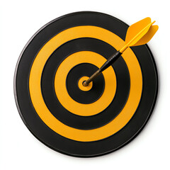 Yellow and Black Bullseye Target with Dart Hitting Center on White Background
