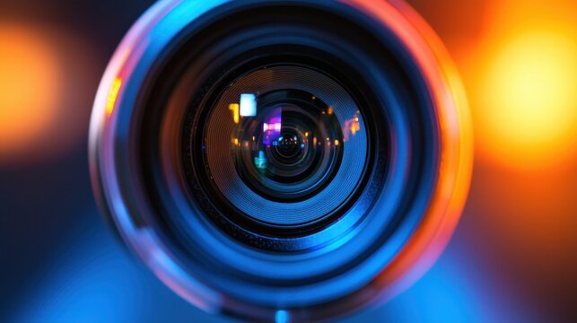 Close-up of a video camera lens with detailed focus.