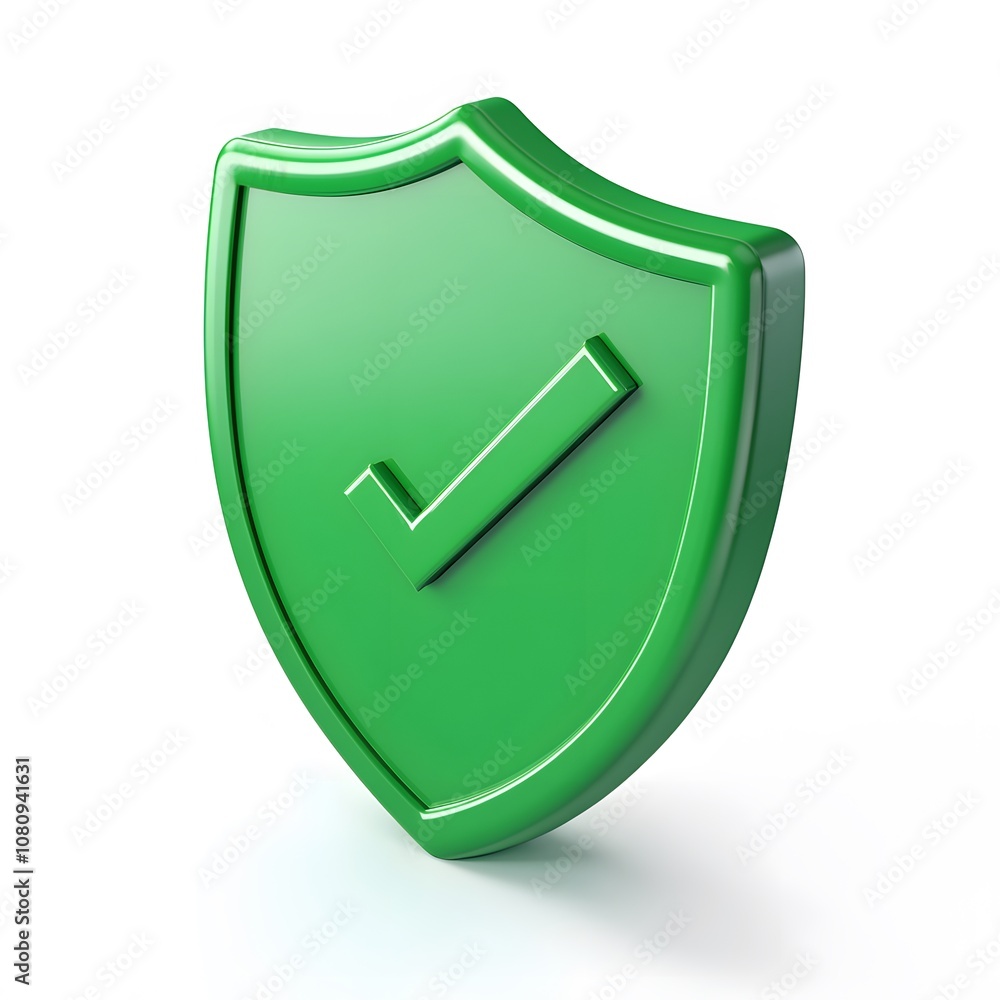 Poster green 3d shield protection icon with check for online payment on white background concept, user acco