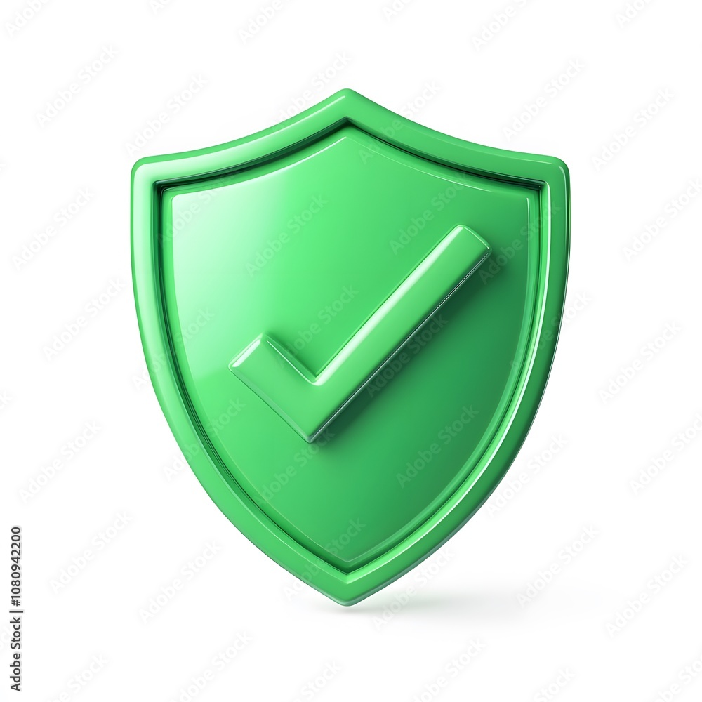 Poster green 3d shield protection icon with check for online payment on white background concept, user acco