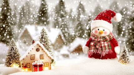 Snow-covered landscape featuring a cheerful snowman near a cozy house with a festive Christmas tree.