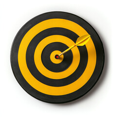 Yellow and Black Bullseye Target with Dart Hitting Center on White Background