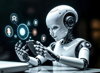 Robot Using Smartphone with Futuristic Interface, Artificial Intelligence and Mobile Technology Concept. Innovation and Automation in the Digital Age.