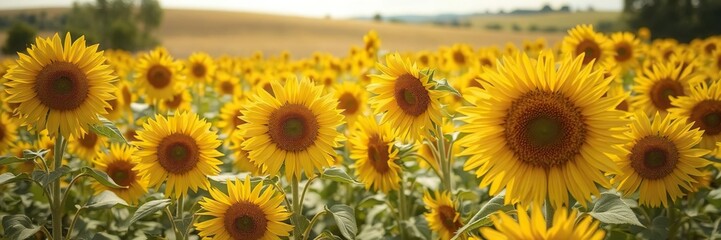 Obraz premium Blooming sunflowers field in Umbria countryside, petals, Umbria, landscape
