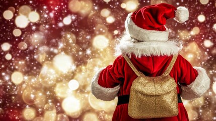 Obraz premium Santa Claus in a vibrant red suit with a shimmering gold backpack.