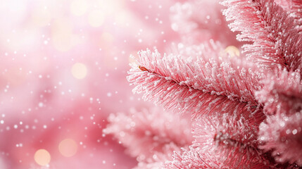 Christmas mood. Spruce in decorations in soft pink tones.