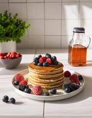 Minimalist Kitchen Counter Display With Freshly Prepared Gluten-Free Pancakes, Organic Maple Syrup, and Fresh Berries for a Healthy and Delicious Vegan Breakfast