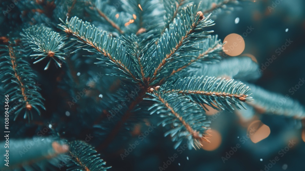 Poster close-up of a snow-laden pine tree, branches dusted in white.