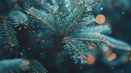 Close-up of a snow-laden pine tree, branches dusted in white.
