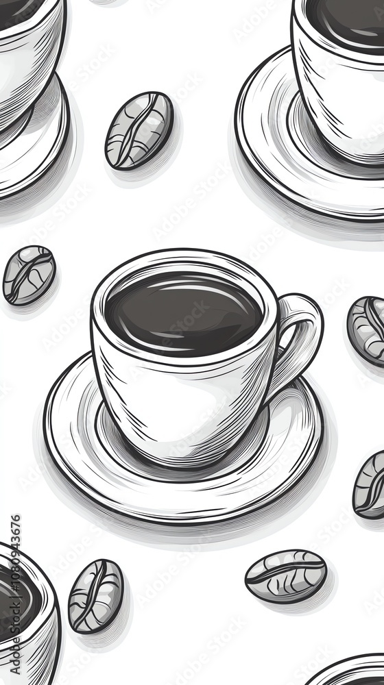 Poster seamless pattern of coffee cups and beans in hand drawn style.