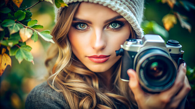  Woman with camera in autumn setting, focused expression