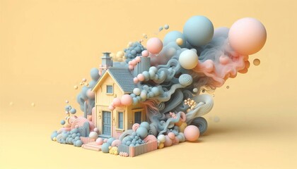 3d model house with creative colorful dust on pastel yellow background