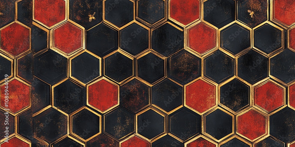 Poster Seamless pattern of red and black hexagonal tiles with gold trim.