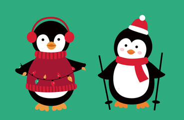 Set of cute Christmas penguins vector illustration.
flat style christmas penguin svg.
