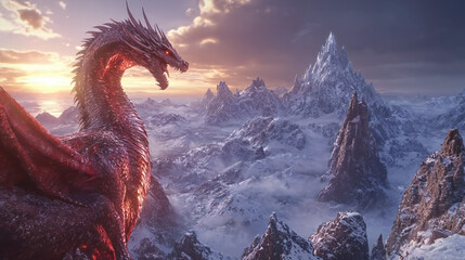 Ai generated illustration with a majestic red dragon on the top of a mountain looking down to a snowy valley 
