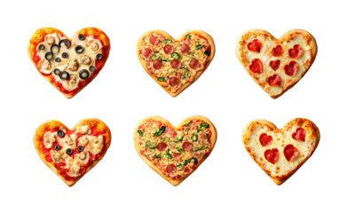 Set of heart-shaped pizzas on a transparent background. isolated background.
