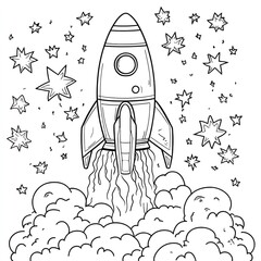 Rocket launching into space cartoon style coloring page fantasy environment aerial view exploration concept