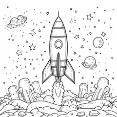 Fototapeta premium Rocket launching into space outer space line art illustration cosmic environment aerial view exploration concept