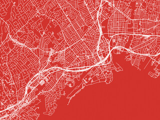 Christmas Map of Bridgeport Connecticut, USA in Snowy White on Festive Red Background.