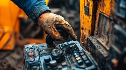 Worker operating heavy machinery control panel with dirty gloves. Close-up of industrial control in construction equipment