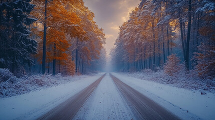Peaceful Winter Road Winding Through the Trees creating a serene and tranquil winter scene.
