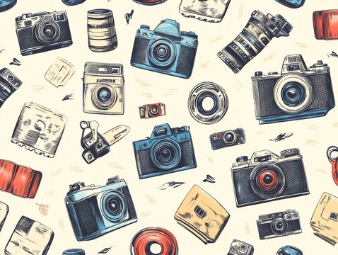 Seamless pattern with hand drawn vintage cameras and photographic equipment in sketch style.