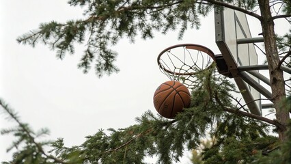 Basketball ball partially hidden by branches of a tree on a white background, basketball, leisure