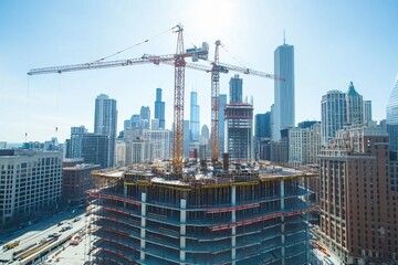 Tower cranes on construction site in urban skyline. Skyscrapers in cityscape with ongoing high-rise construction project