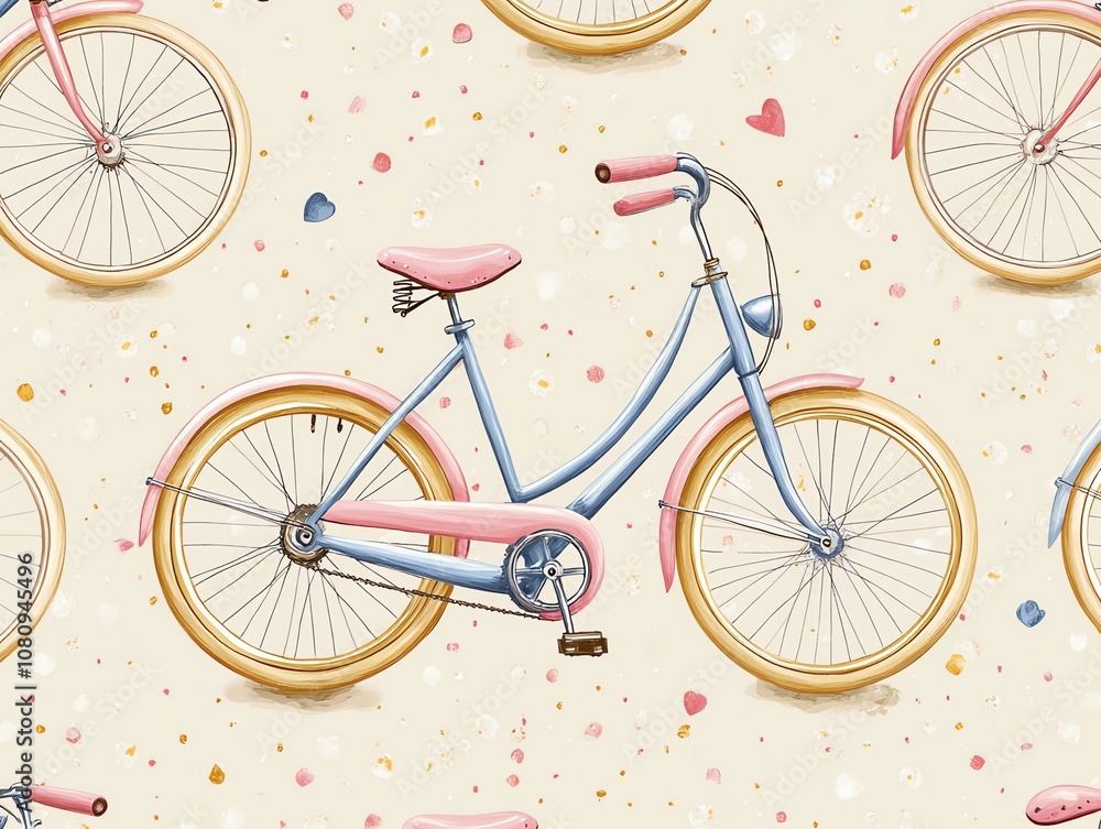 Poster seamless pattern with vintage blue and pink bicycle on a light beige background with hearts and dots