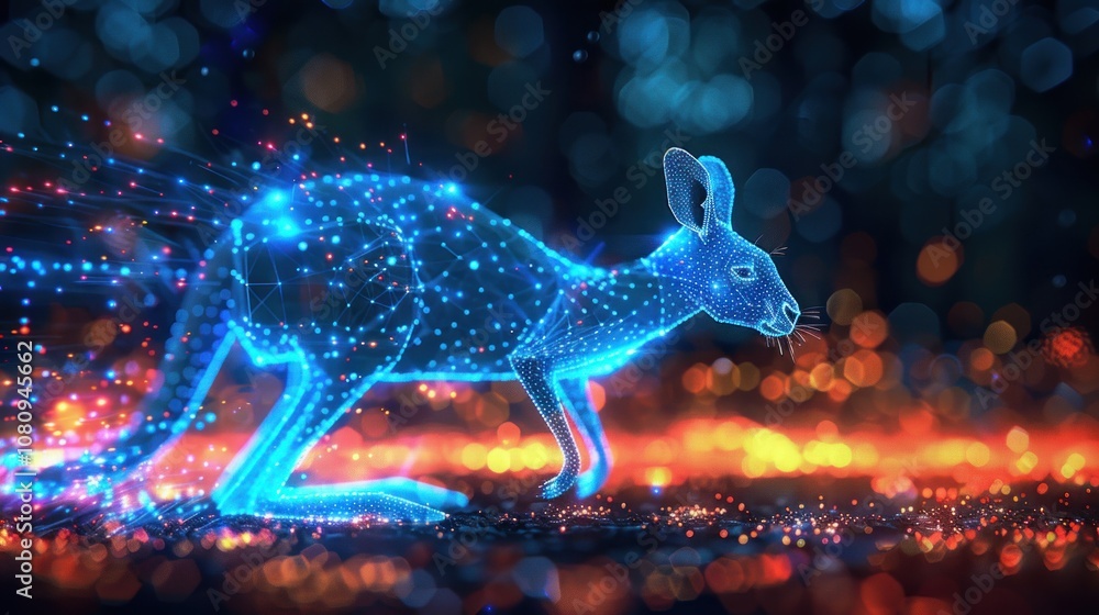 Poster a digital rendering of a kangaroo in a polygonal style, with a glowing blue outline and a background