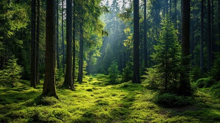 Fototapeta premium Healthy green trees in a forest with old spruce, fir, and pine for natural beauty.